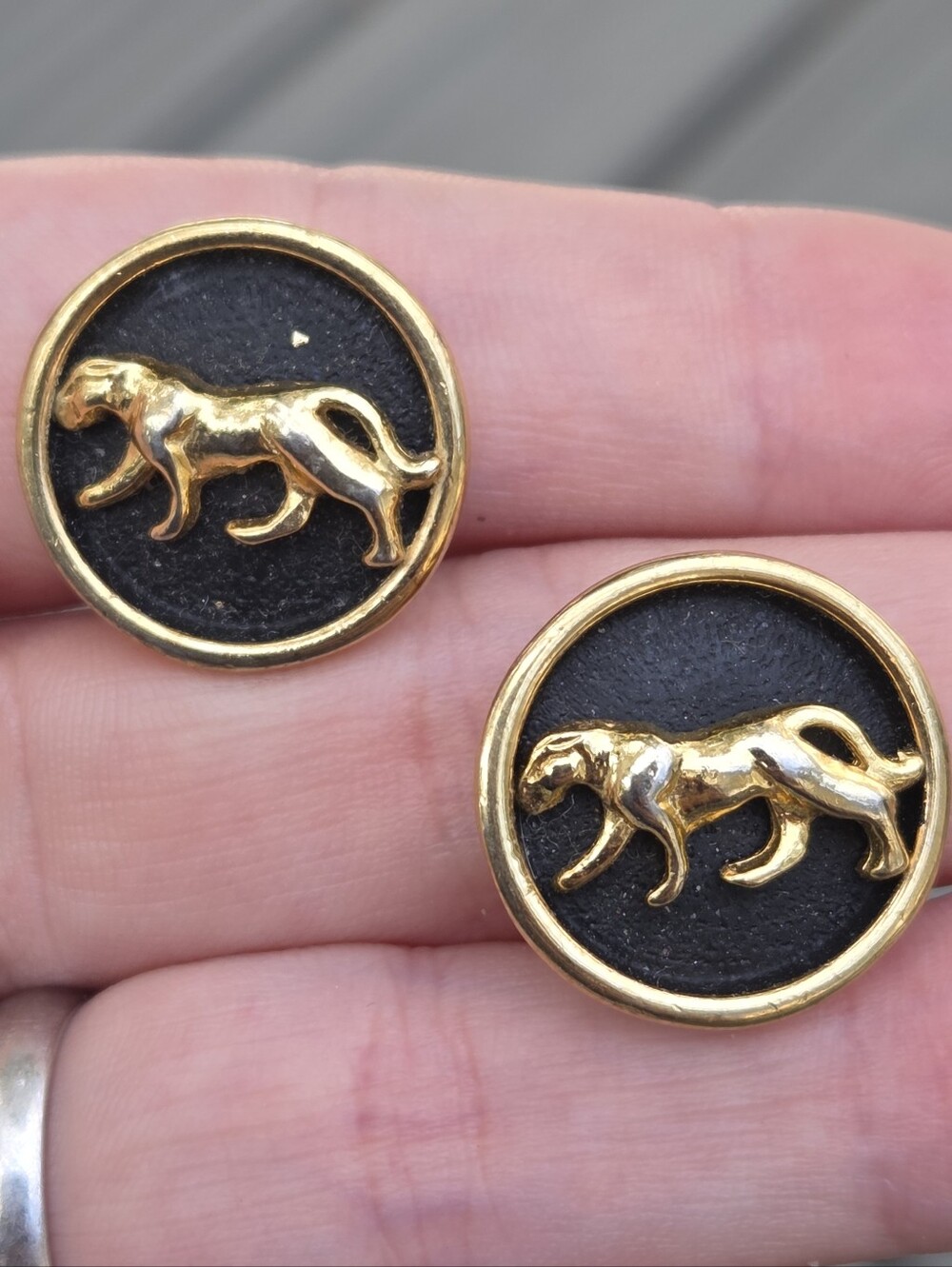 Vintage Black Gold Tone Panther Jaguar Clip On Statement Earrings